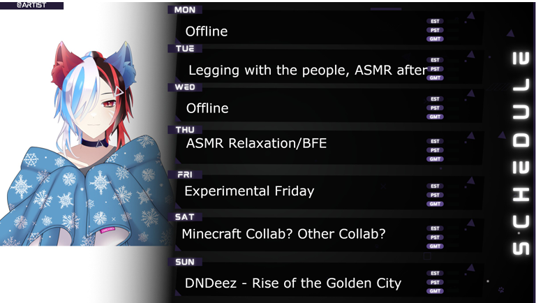 MysteryForS_DD's tweet photo. This weeks Schedule. Live at 18:00 CEST/ 2am JST/ 10am PST every day, except Sunday when we start at 14:00 CEST/ 9pm /5am PST
Very much had fun doing ASMR so i will continue doing so!
Here on Twitter as well as:
https://t.co/CnDVorCOHt
https://t.co/1qduBg1U95
#DeeLive #VINFERNIA #Kairos