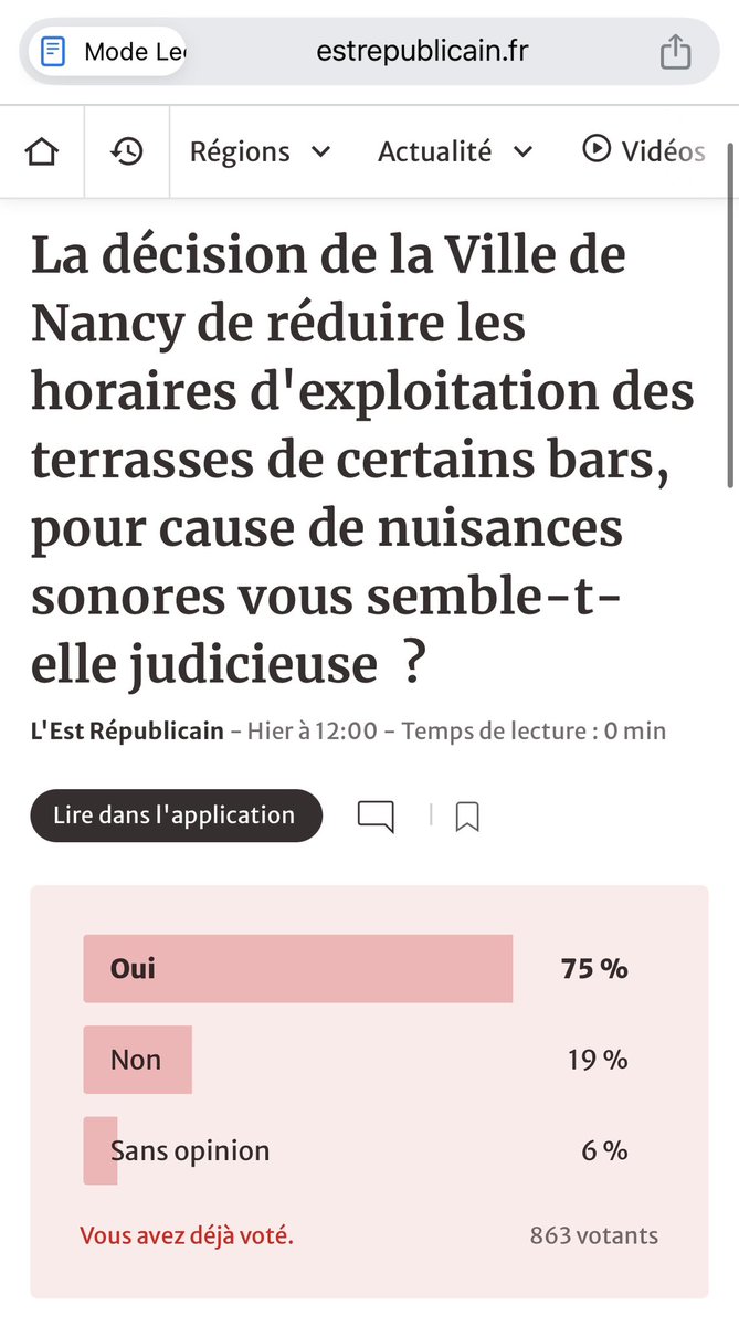 À Nancy, la mairie limite les horaires des terrasses des bistrotiers bruyants.

actu.fr/grand-est/nanc…

Une décision qui semble être soutenue par les habitants. ⬇️

À quand la même chose à Paris ?