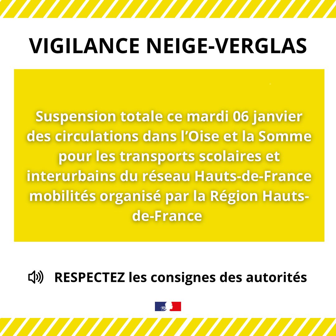 ⚠️#Vigilance #Neige #Verglas 

Suspension totale ce mardi 06 janvier 2026 des circulations dans l’Oise et la Somme pour les transports scolaires et interurbains du réseau Hauts-de-France mobilités organisé par la région <a href="/hautsdefrance/">Région Hauts-de-France</a>.

Plus d’informations sur