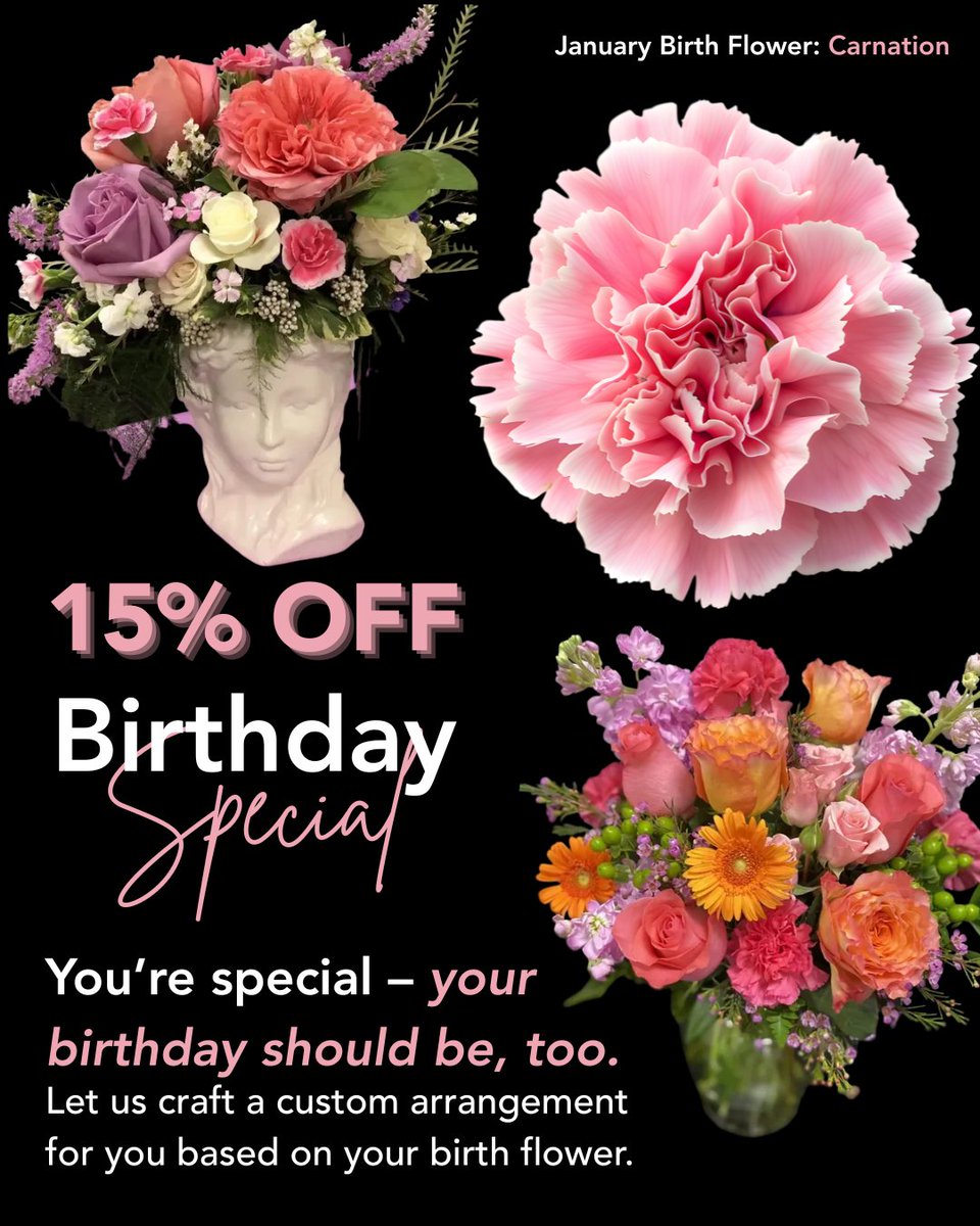 Were you born in January? Visit us this month and our award-winning designers will craft a special, custom arrangement around your birth flower - at 15% off. January’s birth flower is the Carnation. Carnations express love, fascination and distinction. 

#PersimmonPetals