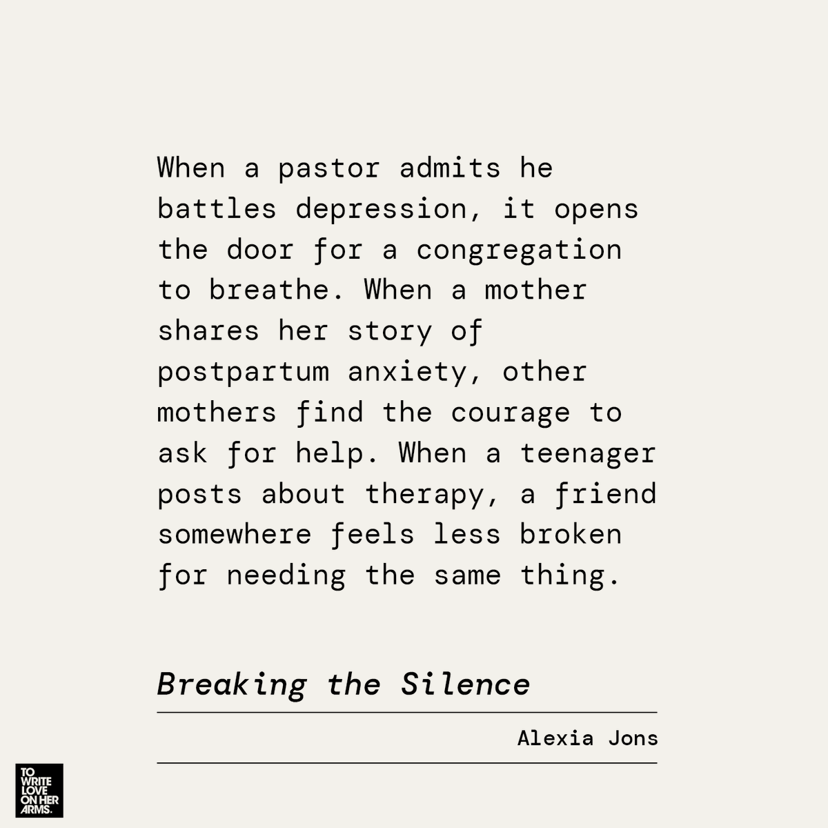 TWLOHA's tweet photo. The journey of healing is unique to the person, but it is far from a strictly isolating and solo experience. Healing requires community and storytelling. It’s being seen, heard, and witnessed by another through our pain, growth, and change. We invite you to read some beautiful words about this by Alexia Jons in a piece titled “Breaking the Silence: How Storytelling Can Heal” at https://t.co/ZGtsxqAqg4.