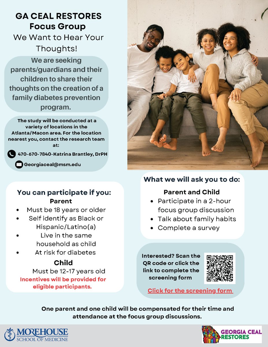 We are seeking parents/guardians and their children to share their thoughts on the creation of a family diabetes prevention program.
- Participate in a 2-hr focus group discussion
- Talk about family habits
- Complete a survey
Complete form: redcap.msm.edu/redcap/surveys…