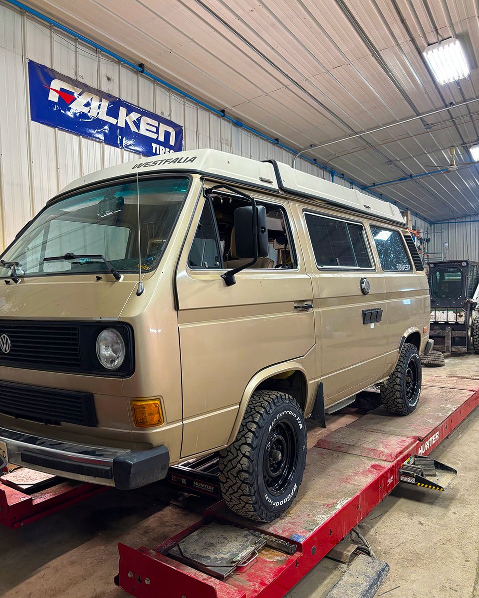 OKTireStoreND's tweet photo. Classic Westy in the bay at Rothsay. New sway bar, studs, and BFG KO3s on black rims. Ready for the weekend. 🚐💨 #OKrothsayMN https://t.co/NebpdsZ9Ii