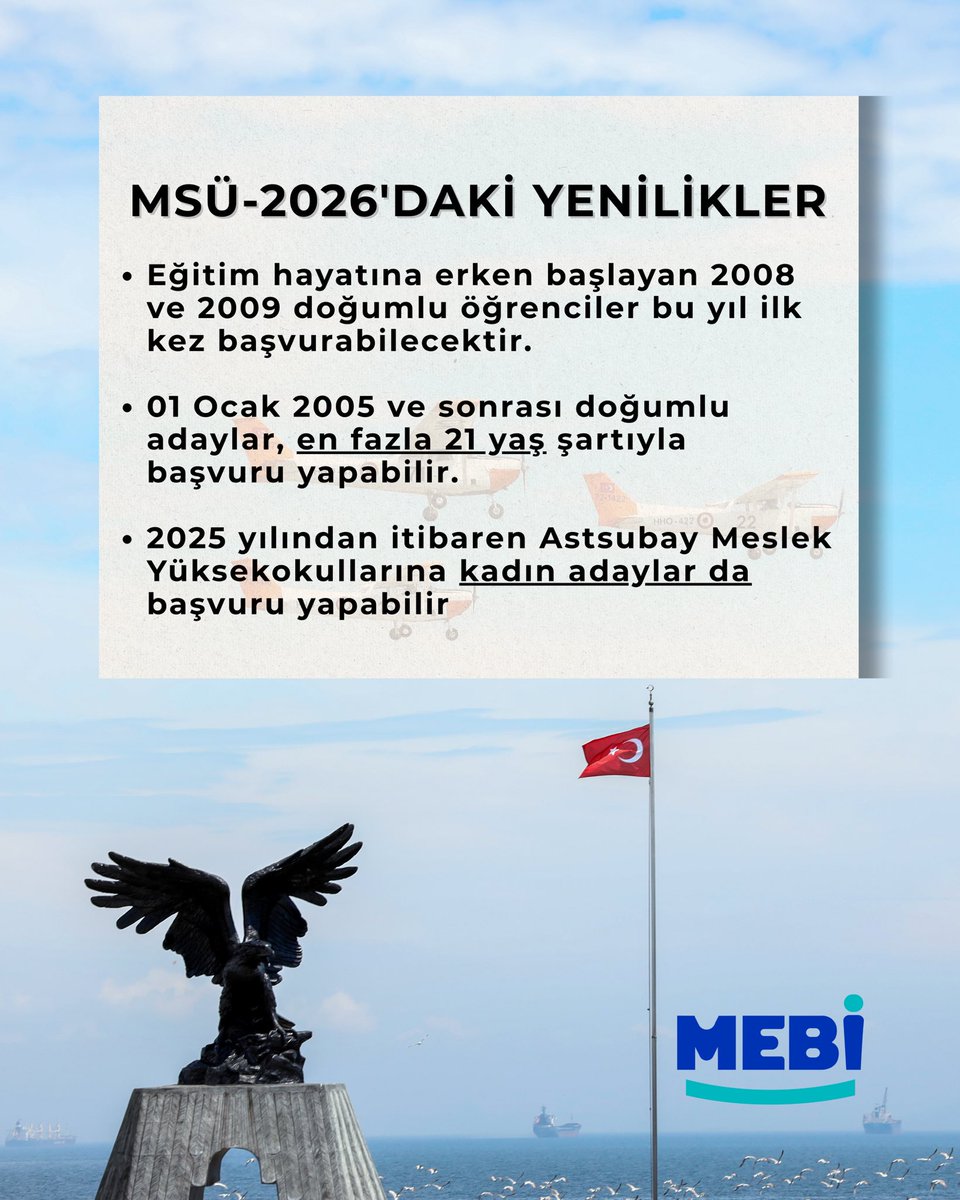 meb_mebi's tweet photo. MSÜ 2026 başvuruları başladı. 🎖️
Başvurular 05–29 Ocak tarihleri arasında
ÖSYM üzerinden alınmaktadır.
🔗 https://t.co/yEsFtBEkTO https://t.co/KD74BbhEnZ