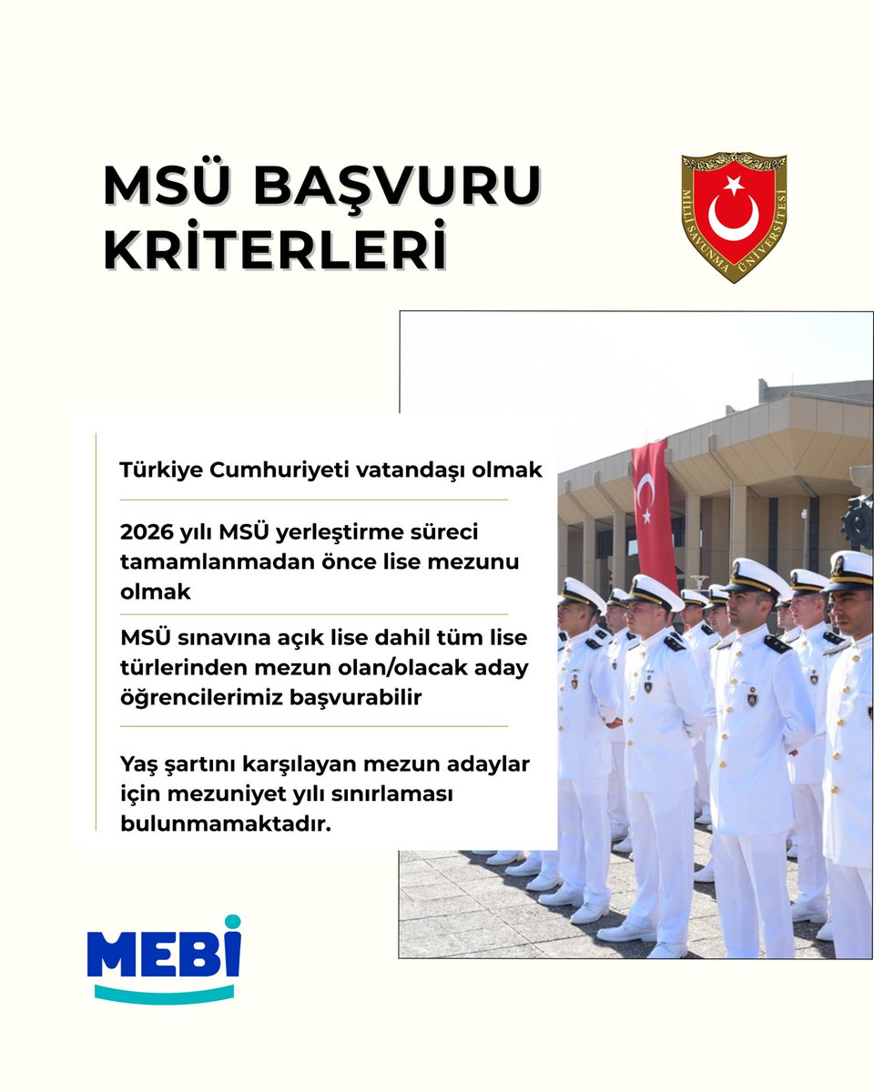meb_mebi's tweet photo. MSÜ 2026 başvuruları başladı. 🎖️
Başvurular 05–29 Ocak tarihleri arasında
ÖSYM üzerinden alınmaktadır.
🔗 https://t.co/yEsFtBEkTO https://t.co/KD74BbhEnZ