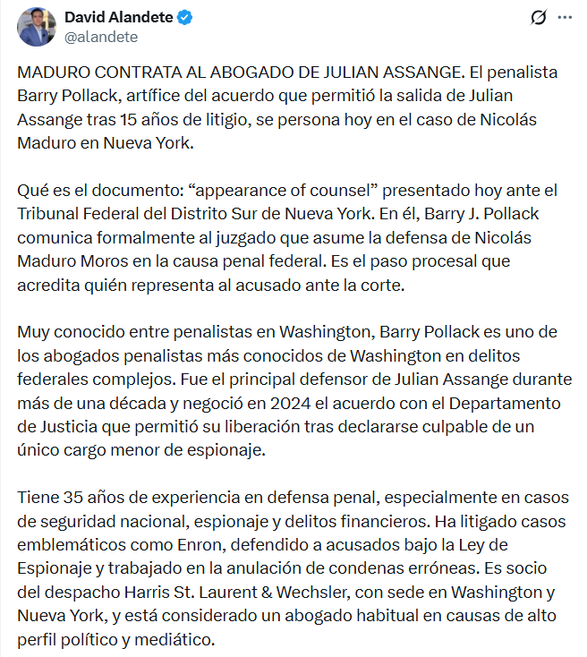 la_katuar's tweet photo. #AEstaHora | Barry J. Pollack, que también representó a Julian Assange, será el abogado de Nicolás Maduro 

El corresponsal de @abc_es, @alandete, explica que Barry Pollack es uno de los abogados penalistas más conocidos de Washington en delitos federales complejos

#EEUU #Venezuela #5Ene