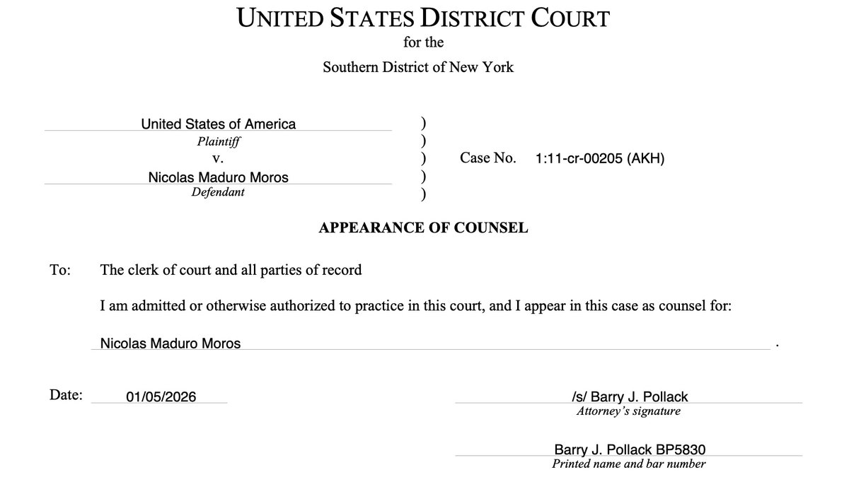 victoramaya's tweet photo. Muestra @alandete documentos de la Corte con los nombres de abogados contratados por Nicolás Maduro y Cilia Flores en Nueva York.
Maduro: Barry Pollack, abogado penalista de amplia trayectoria; tuvo como cliente a JulianAssange.
Flores: Mark Donnelly, experto en delitos fiscales. https://t.co/PzgAvnqi9o