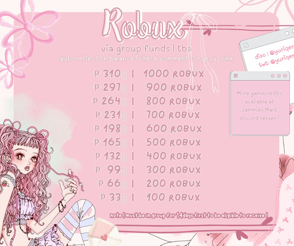 🍡 Robux Via Gamepass | via Gfunds !
⠀⠀⠀rate prices below | 🧵for more 

⠀available for gcash , remitly , paypal fnf (+3%)
⠀and other remmitance payment method ! 
⠀check my discord server shop for more discount
🎟️ fs lf wb #robuxgiveaway #robux #robuxgw #roblox #adoptme