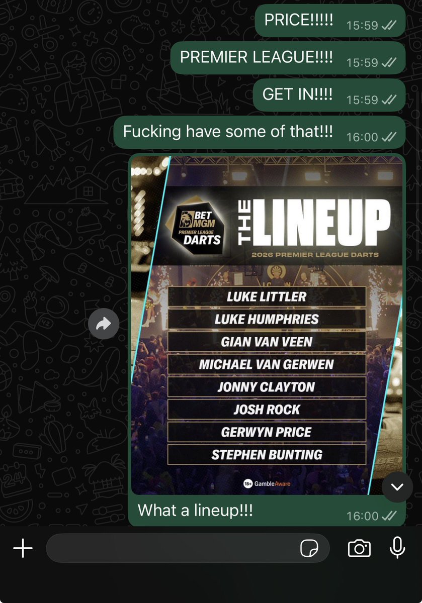 My reaction. To my favourite player in the premier league 

<a href="/Gezzyprice/">Gerwyn Price</a> 

SEE YOU IN ABERDEEN! 

(Note I’m English and travelling to see friends and go to the darts)🎯