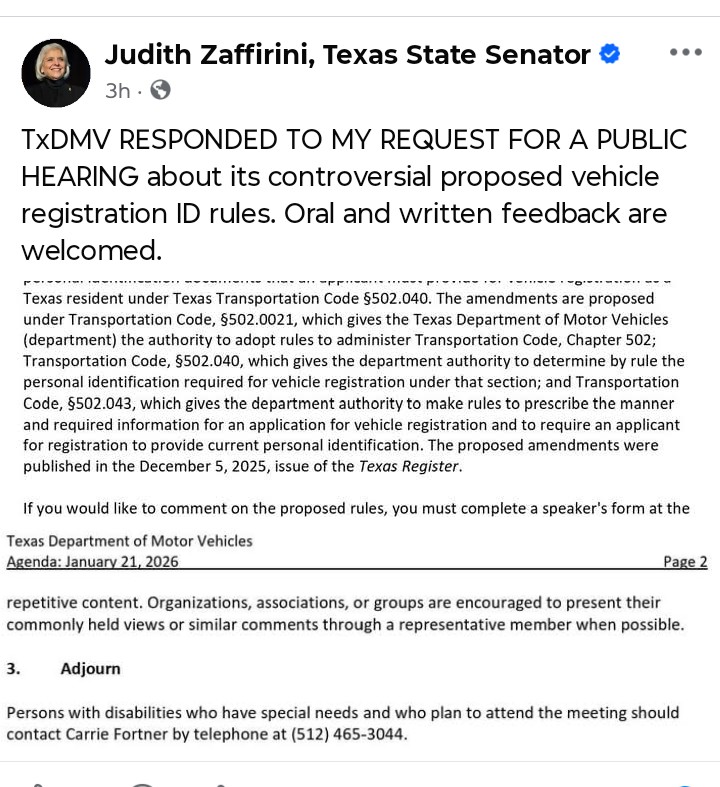 Kathy4Texas's tweet image. So Democrat State Rep Judith Zaffirini wants to challenge showing ID for Vehicle Registration.
She wants to challenge the safeguards, against illegal aliens registering vehicles in TX.
She is challenging the work of @brianeharrison 
Please attend if you can