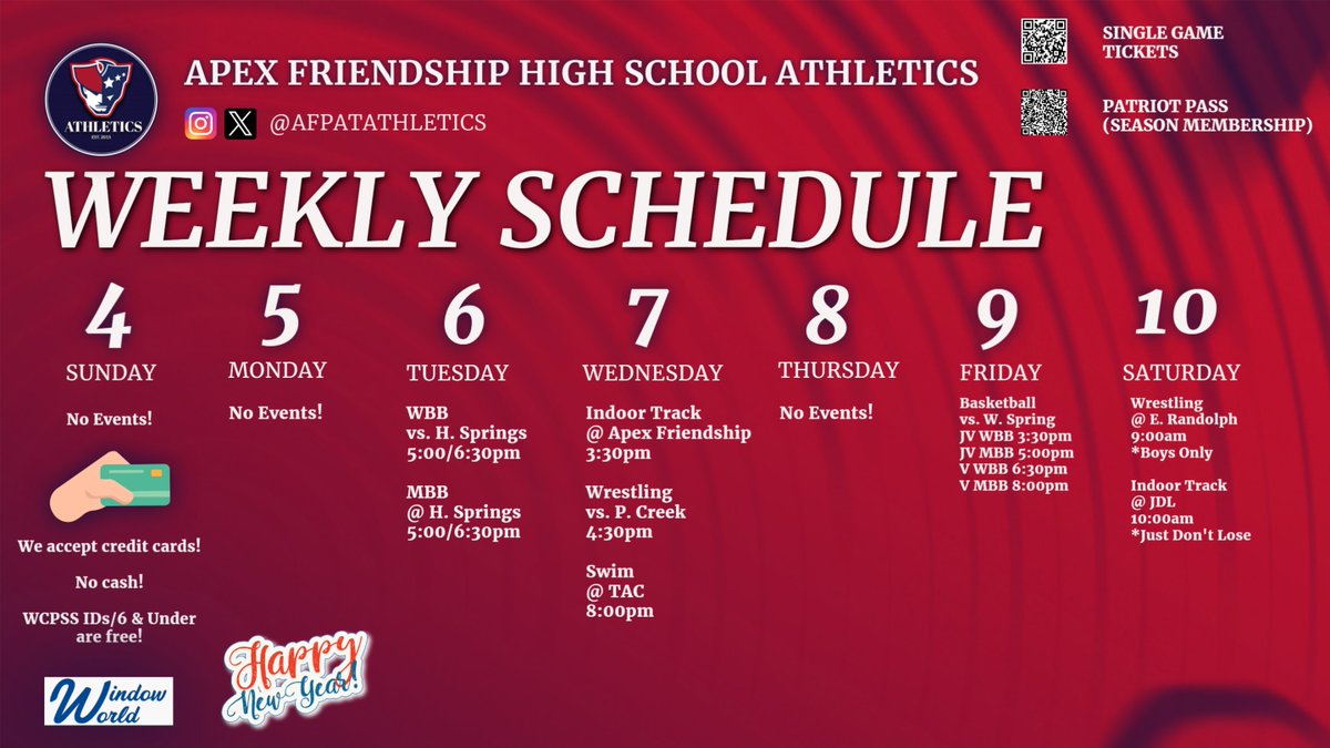 AFPatAthletics's tweet image. A busy week coming off of the break! Join us for the start of the second half of the Winter season. GO PATS! #PatFam #RepAFHS