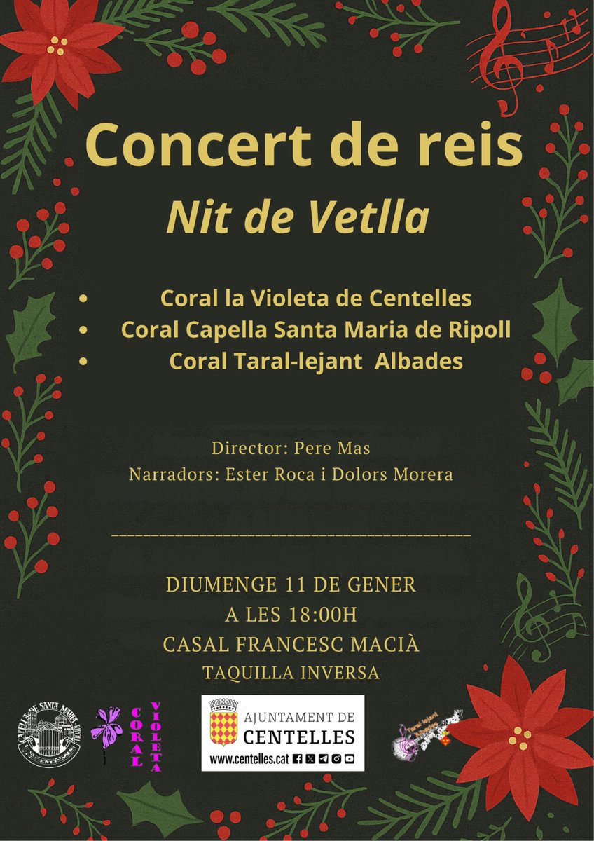 Concert de Reis amb la Societat coral La Violeta i la col·laboració de les Corals Capella de Sta. Maria de Ripoll i Taral·lejant Albades de Calders
📅 Diumenge 11 de gener
🕑 A les 6 de la tarda
📍 Teatre Casal Francesc Macià
🎟 Taquilla inversa