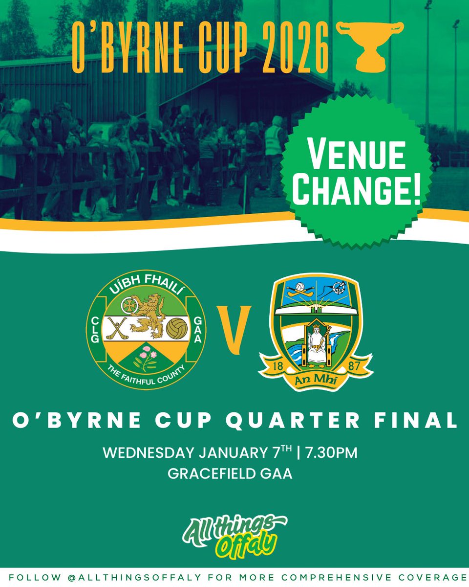 AllThingsOffaly's tweet image. VENUE CHANGE

Offaly’s O’Byrne Cup Quarter Final vs Meath will now take place in Gracefield, rather than Kilcormac.

📍 Gracefield
🏆 O’Byrne Cup – Quarter Final

For Offaly GAA updates, follow @allthingsoffaly

@kevcorrigantrib @willocallaghan @maryballyfore @Offaly_Express