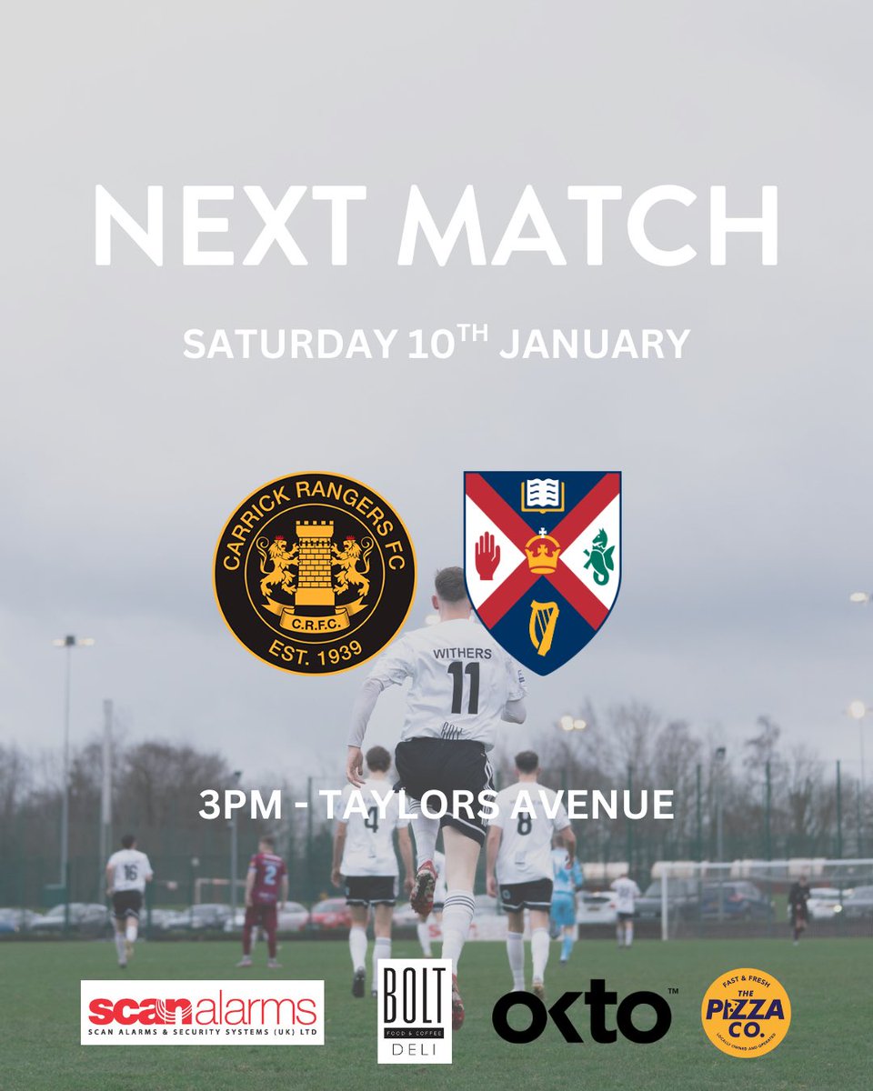 qubafc's tweet photo. ⚽️ NEXT UP ⚽️

🆚 @CarrickRangers 
🏆 Clearer Water Irish Cup Fifth Round
📍 Taylors Avenue
🗓️ Saturday 10th January 
⏰ 3pm

Thank you to this weeks match sponsor McIlvenny Law! https://t.co/bqPfnmqmip
