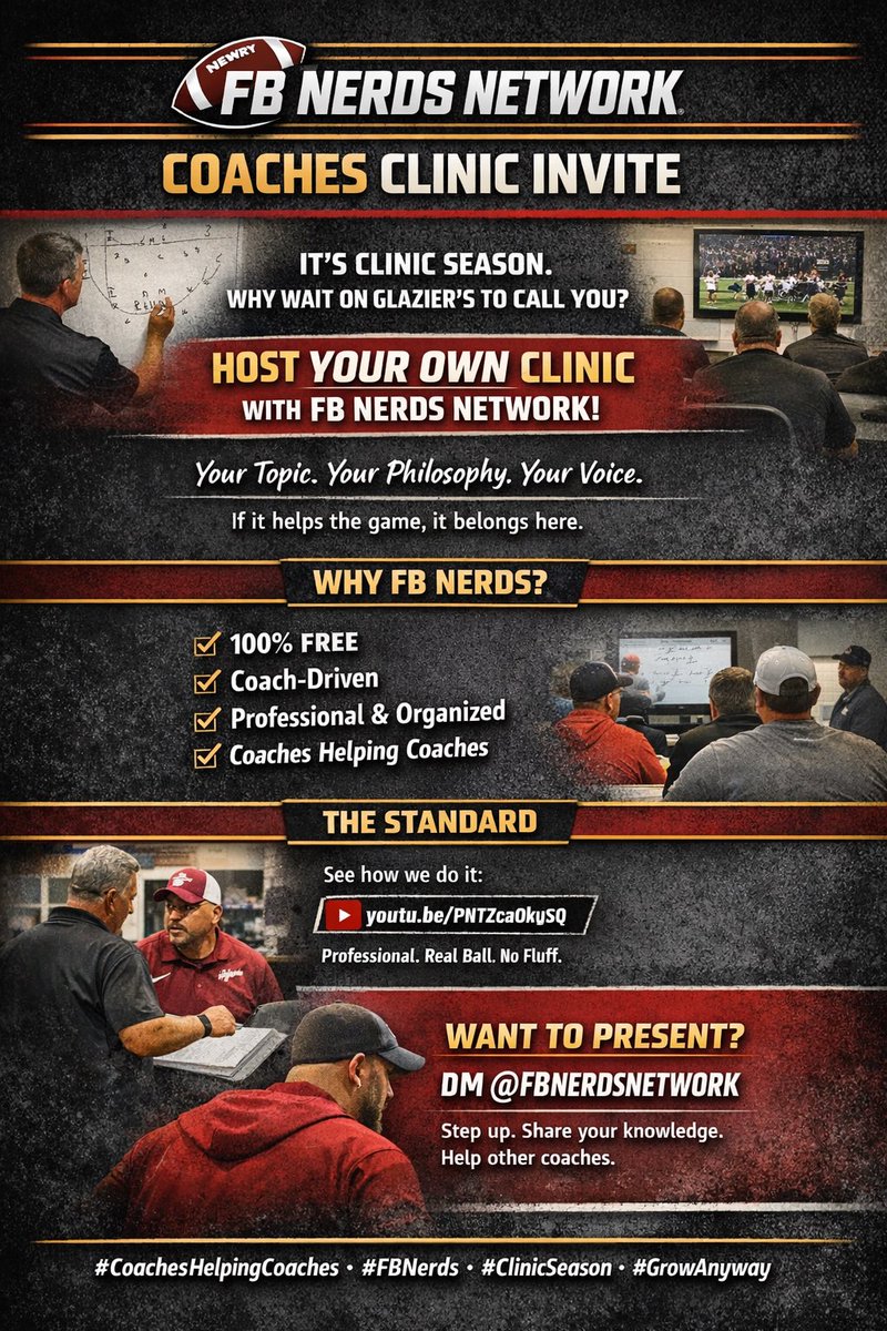 fbnerdsnetwork's tweet photo. It’s Clinic Season!!!!!!!!!
Why wait on Glazier’s to get a call?

Come host YOUR OWN clinic with FB Nerds Network.
Your topic. Your ball. Your voice.

✔️ 100% FREE
✔️ Professional
✔️ Coach-driven

We’re not selling stages — we’re building rooms where coaches help coaches.

Here’s the standard we roll at 👇
https://t.co/kj4t019esR

If you’ve got something to teach, step up.
DMs open.

#CoachesHelpingCoaches #FBNerds