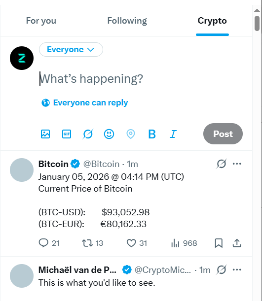 𝕏 added a separate "Crypto" section in the timeline, along with Following and For You.