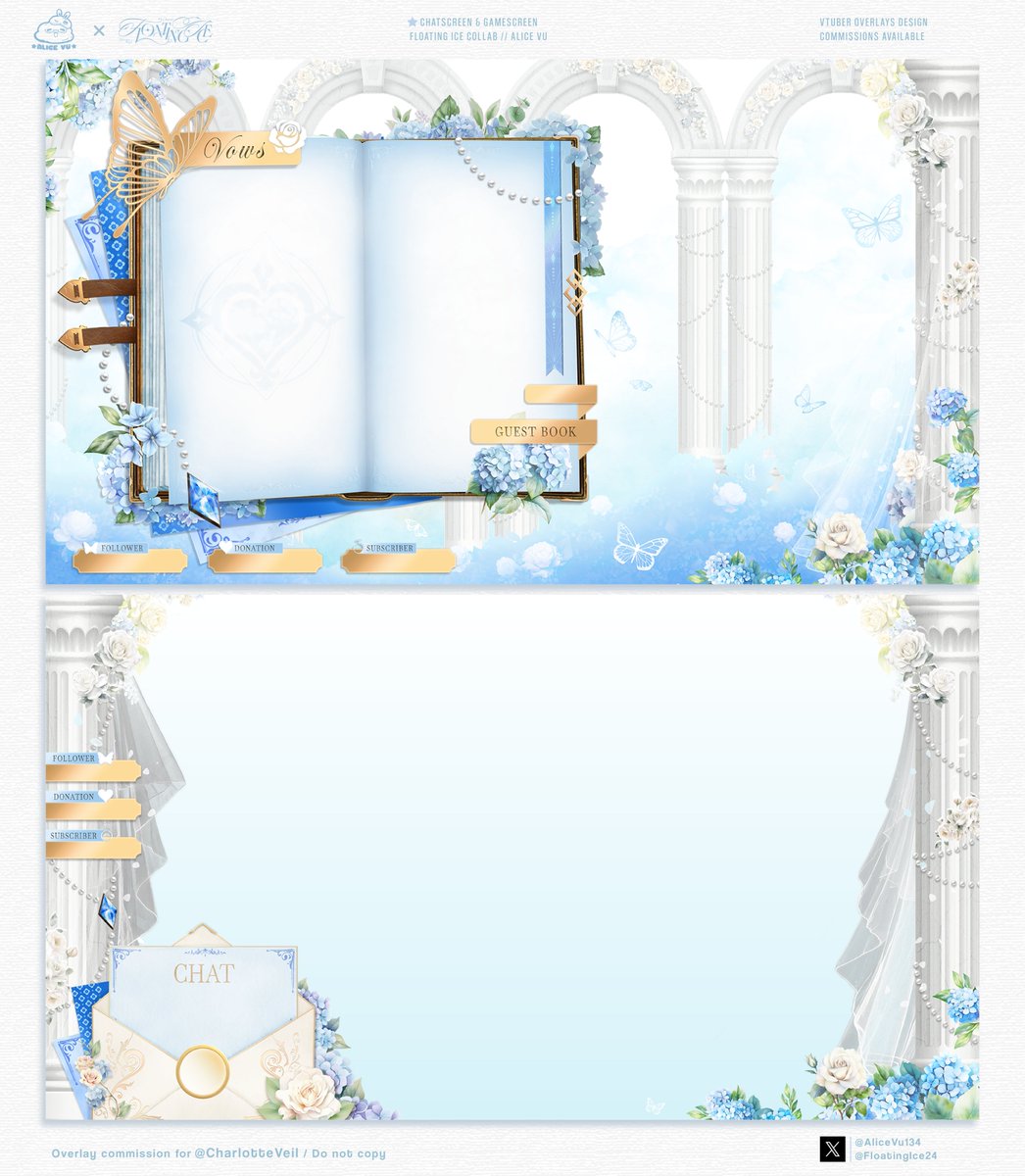 FloatingIce24's tweet image. ✦ VTuber Chatscreen/Gamescreen Design💍Wedding Theme   
Collab with @AliceVu134 for @CharlotteVeil 

✦ Thanks for choosing me! Had a great time designing this 🥰    

✦ DM me on X or email for commissions ( website coming soon 🤩)
#Vtuber #twitch #design