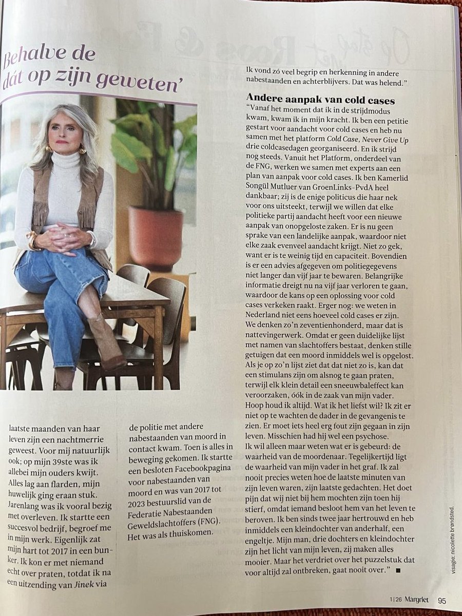In de Margriet
 van deze week mocht ik het verhaal vertellen over de dood van mijn vader en mijn inzet voor de Cold Cases, voor het platform Cold Case, Never Give Up , onderdeel van FNG.

Door het verlies van mn vader verloor ik mn onschuldige kijk op het leven. 
♥️