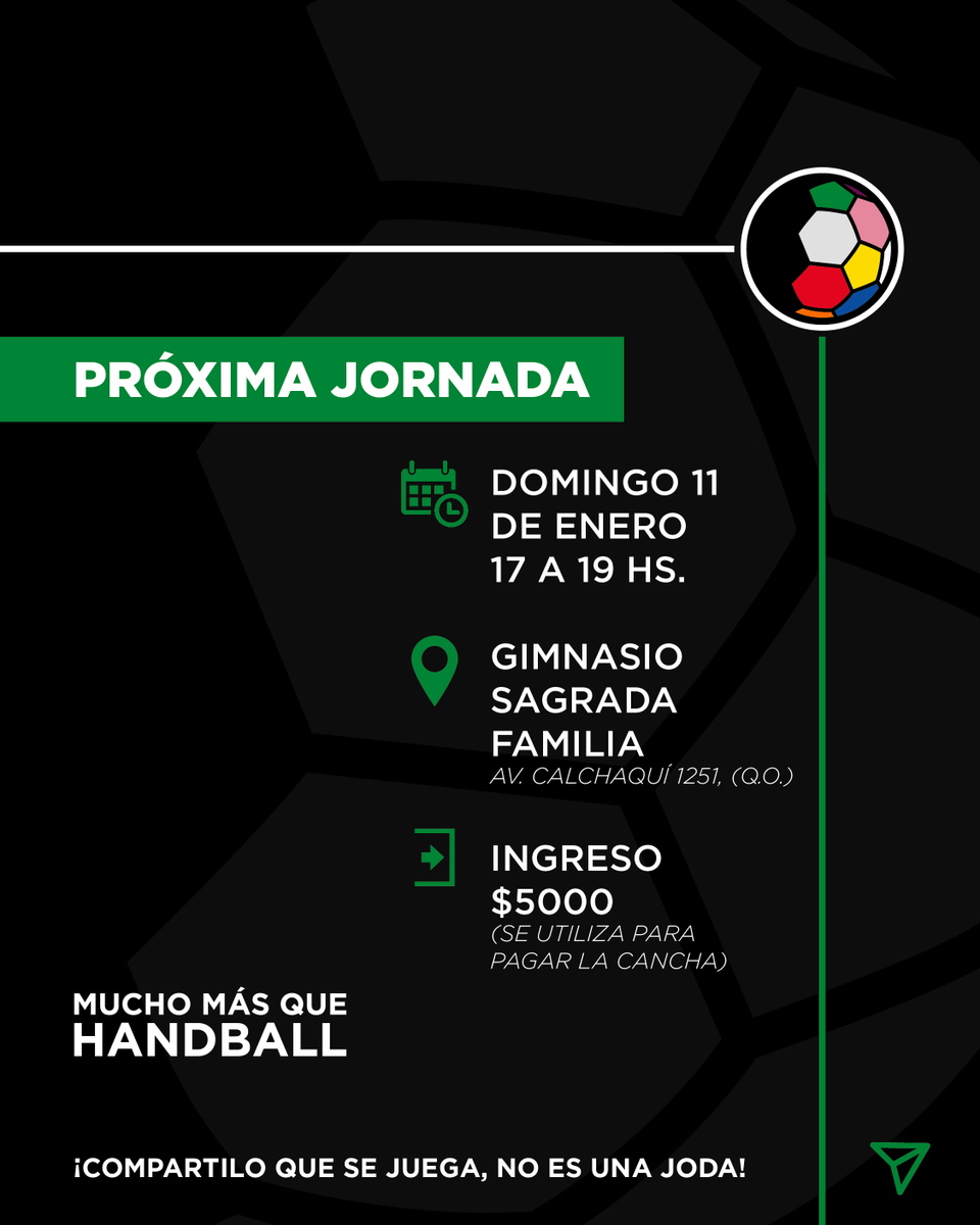 ¡EMPIEZA EL 2026 Y LO RECIBIMOS EN LA CANCHA!

PRÓXIMA JORNADA:
📅 Domingo 11 de enero.
⏰ 17 a 19 hs. ¡*La jornada puede extenderse!

📍 Gimnasio Sagrada Familia
💲 Ingreso: $5000*
*Durante enero y febrero sumamos $1000 para reponer material y rearmar el botiquín