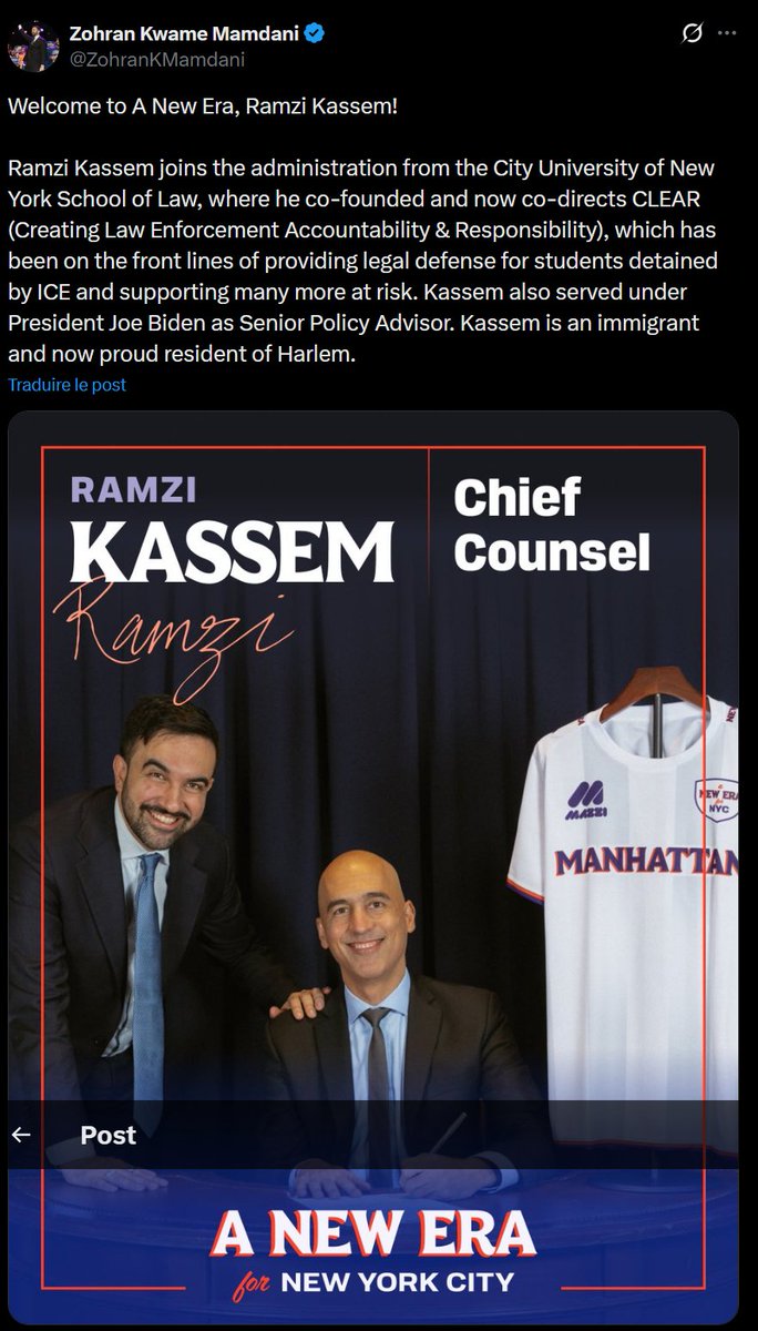🚨🚨🚨🚨🚨

Zohran Mandani, maire de New York, nomme Ramzi Kassem, avocat d'Al QAIDA comme conseiller Juridique.