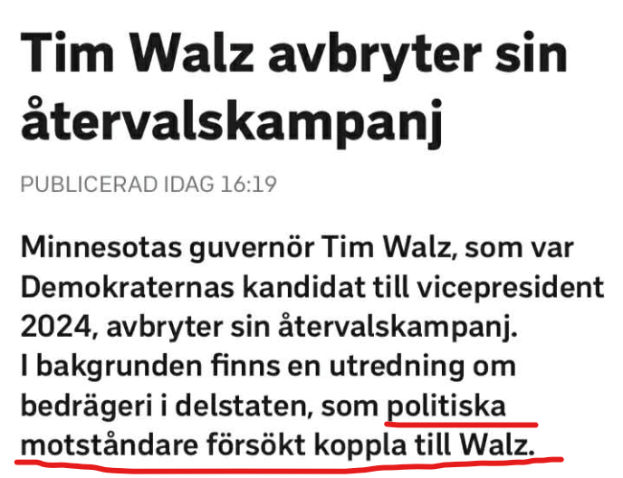 Hej <a href="/svtnyheter/">SVT Nyheter</a>, i er <1500 tecken långa artikel om detta nämner ni alltså dessa "försök från politiska motståndare" tre gånger, och ingenting om vad dessa "försök" - alltså kritiken - handlar om.

Tim Walz, som även nota bene var Kamalas VP kandidat, var alltså guvernör under