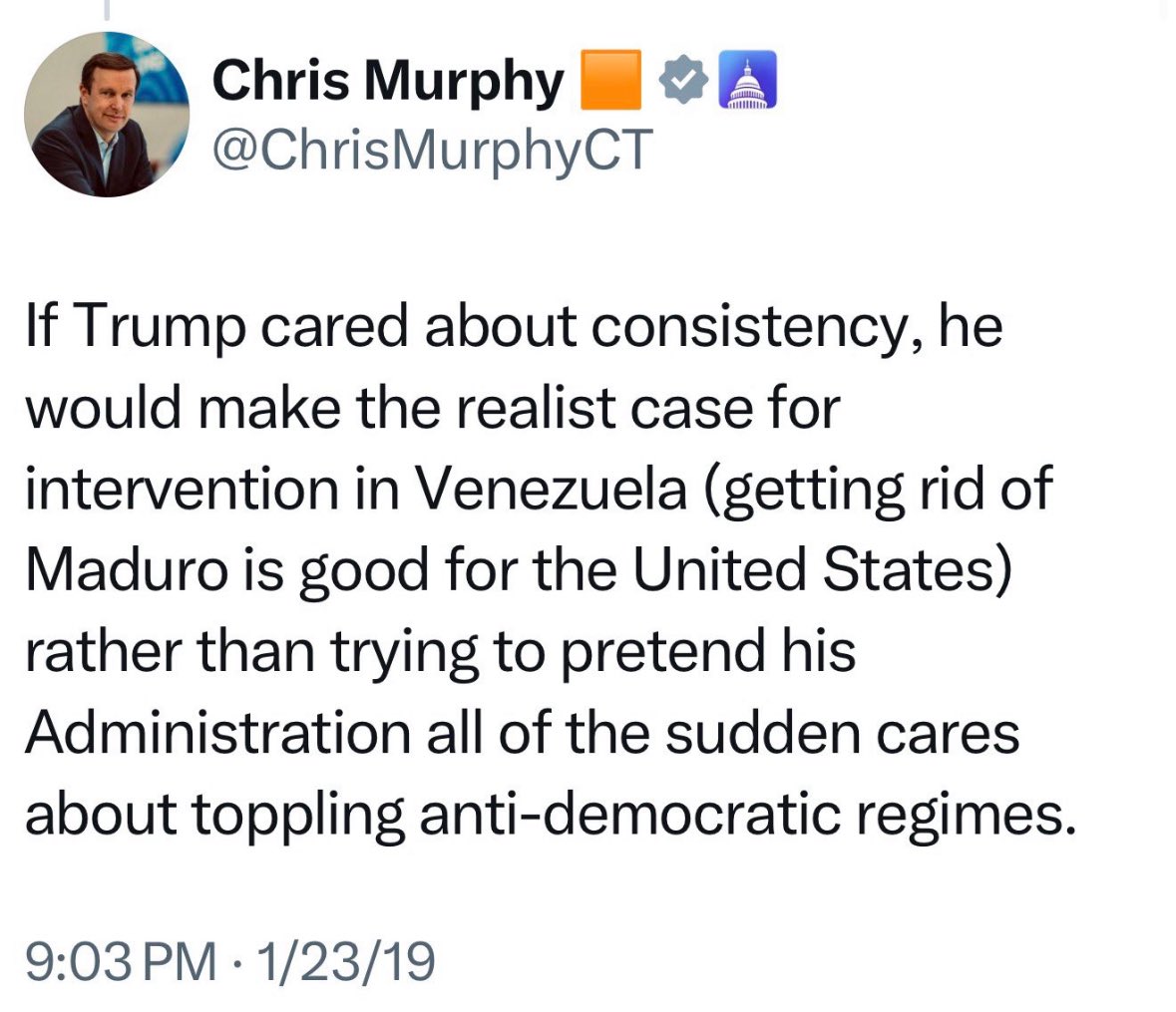 SenateGOP's tweet image. Senator Murphy is wrong. 

During the first Trump administration, he claimed arresting Maduro would be good for the United States. 

Now he’s against it. 

What changed?