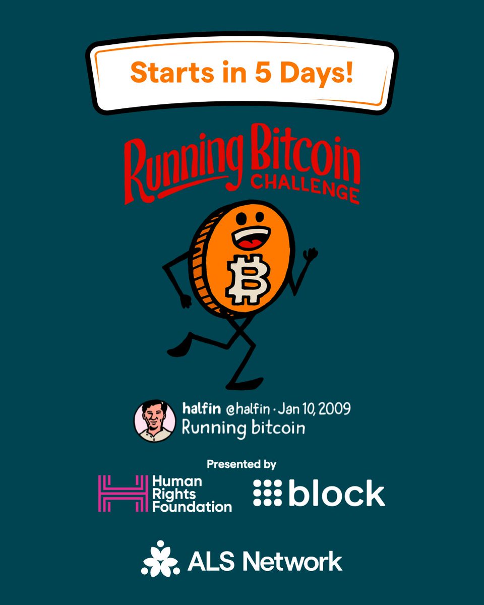 The 5th annual #RunningBitcoinChallenge, presented by @HRF and @blocks,  starts in 5 days! Inspired by #HalFin, this global challenge merges #Bitcoin  and fitness toward something bigger - fueling ALS research toward real