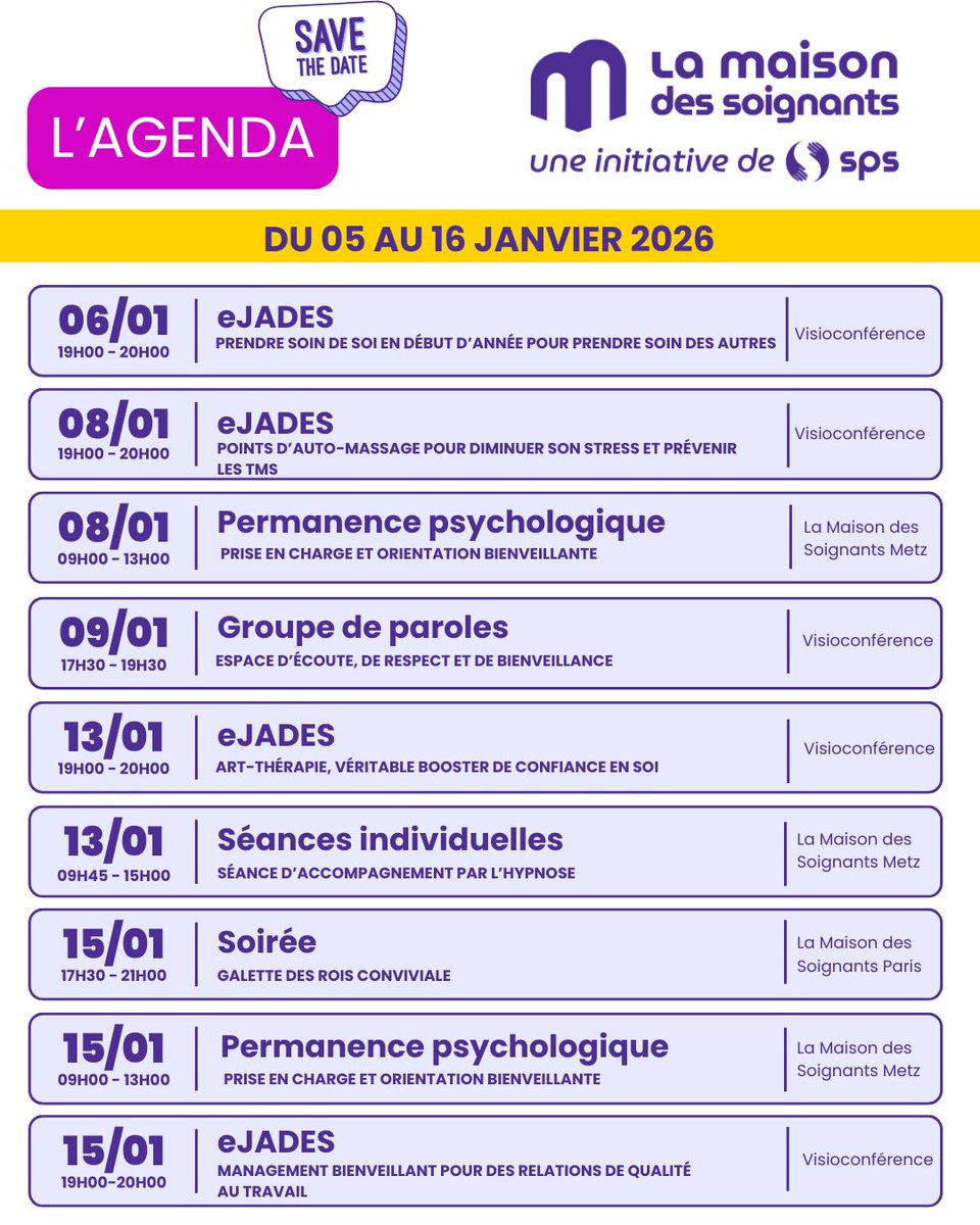 🔎 #SavetheDate pour l'agenda du mois de janvier 2026 de La Maison des Soignants (online, Paris et Metz).
🔗Inscrivez-vous  sans tarder pour bien démarrer l'année : lamaisondessoignants.fr/agenda/
#préventionsanté #soignants #étudiantsensanté #santémentale #soignantsgrandecause