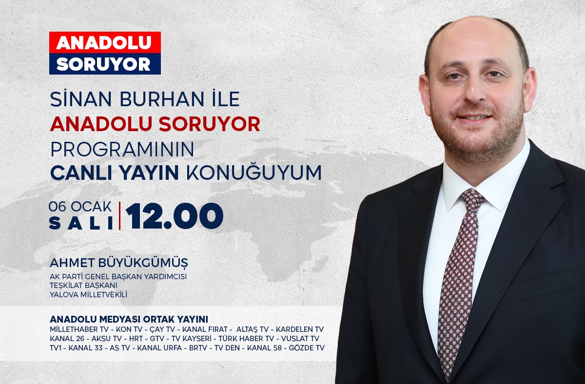 Yarın saat 12.00'de, 21 yerel kanalın ortak yayınlayacağı Sinan Burhan İle Anadolu Soruyor programının canlı yayın konuğu olacağım. 

🗓️ 6 Ocak 2026 Salı
⏰ 12.00