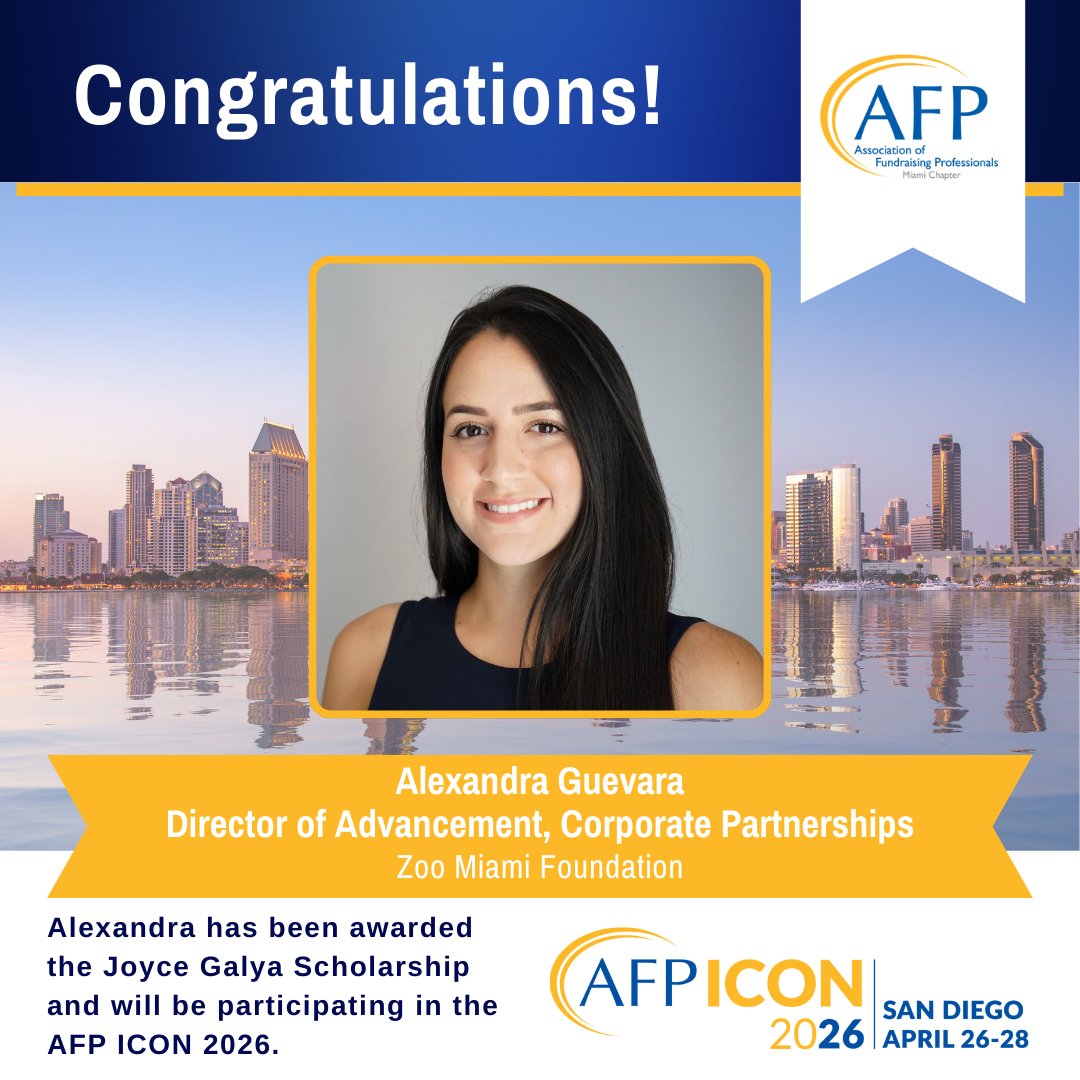 Congratulations to Alexandra Guevara! We are thrilled to announce that she has been honored with the Joyce Galya Scholarship and will attend the AFP ICON 2026 event from April 26-28, 2026, in San Diego. <a href="/zoomiami/">Zoo Miami</a> 

#afpmiami #afpicon #joycegalyascholarship #sandiego