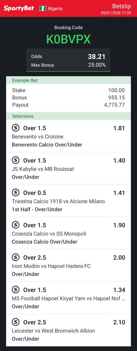 38 odds for today's football ⚽

Sportybet ➡️ K0BVPX

Stake wisely

#Leicester #Championship #BettingX #Gambling𝕏 #GamblingCommunity