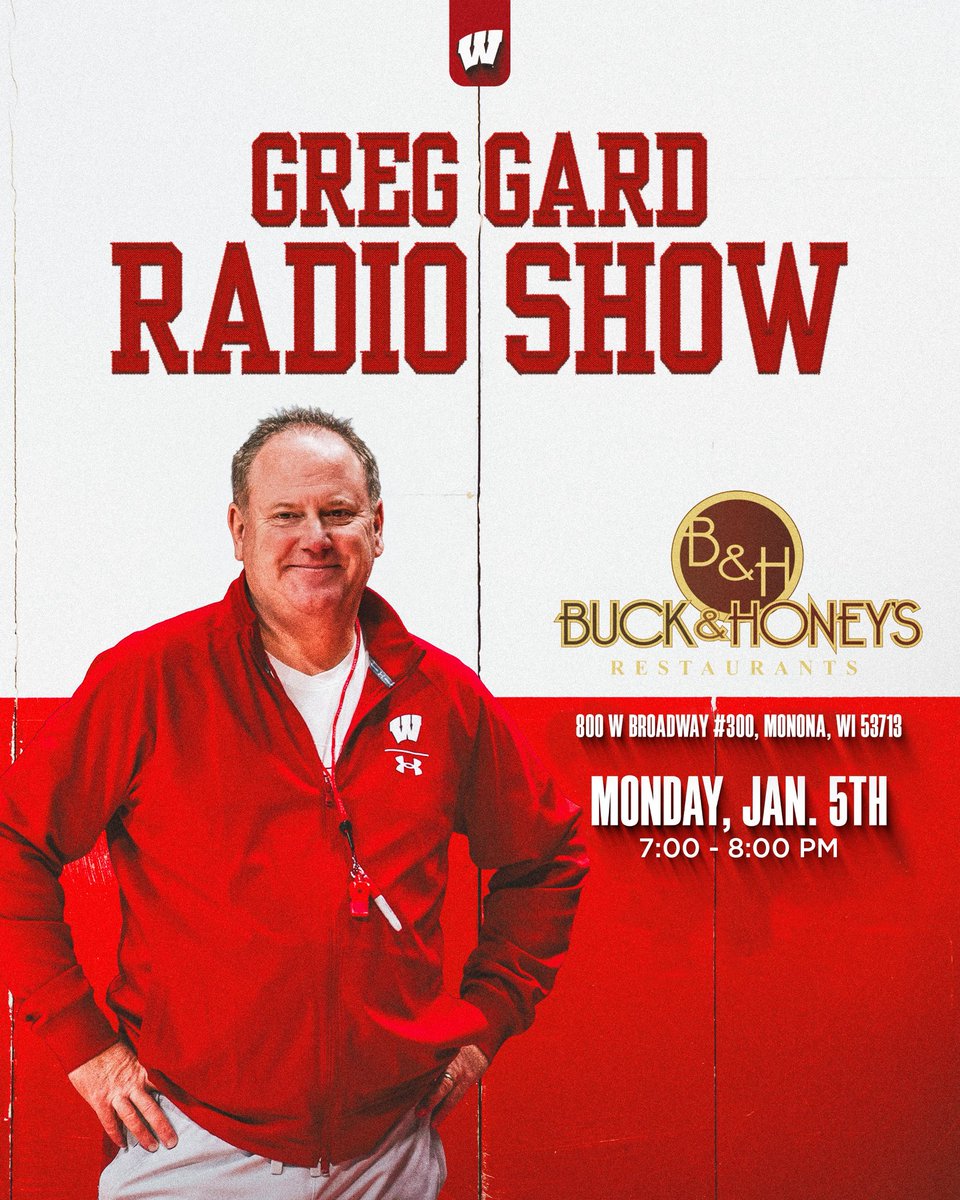 UWBadgers's tweet image. 🚨 REMINDER 🚨

Join us tonight at Buck &amp;amp; Honey's in Monona for the Greg Gard Radio Show, starting at 7:00 p.m.