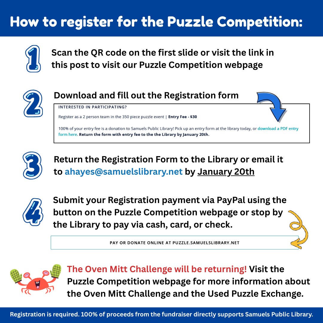 Reminder that the annual Puzzle Competition Fundraiser is coming up at the end of this month on Saturday, January 31st!

Register by January 20th to secure your team's spot. Visit samuelslibrary.net/index.php/jigs… to download the registration form or pick up a physical form at the Library.