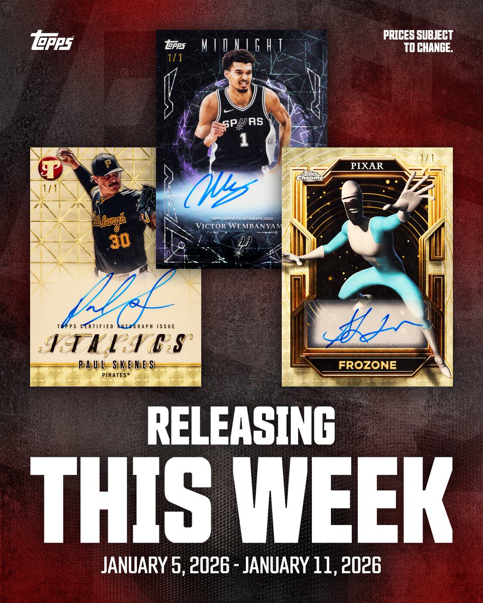 Topps's tweet image. ⏰ RELEASING THIS WEEK ⏰

2025 Topps Pristine Baseball - Pre-Order ⚾️
Mon. 1/5 - 12 PM EST
Hobby Box: $469.99
8 cards per pack, 6 packs per box
2 autographs &amp;amp; 1 auto-relic per box

2025-26 Topps Midnight Basketball - Pre-Order 🏀
Tues. 1/6 - 12 PM EST - EQL Release
Hobby Box:…