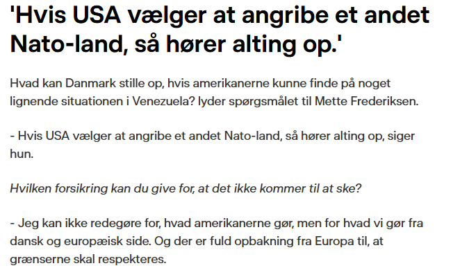 LisaOlsson2's tweet image. Det er sgu ikke et svar.
#MetteF kan kun snakke uden om men ikke hvad der konkret sker i tilfælde af, at USA annekterer Grønland, FORDI Danmark og andre europæiske lande intet kan gøre. @regeringDK 
#dkpol #eupol