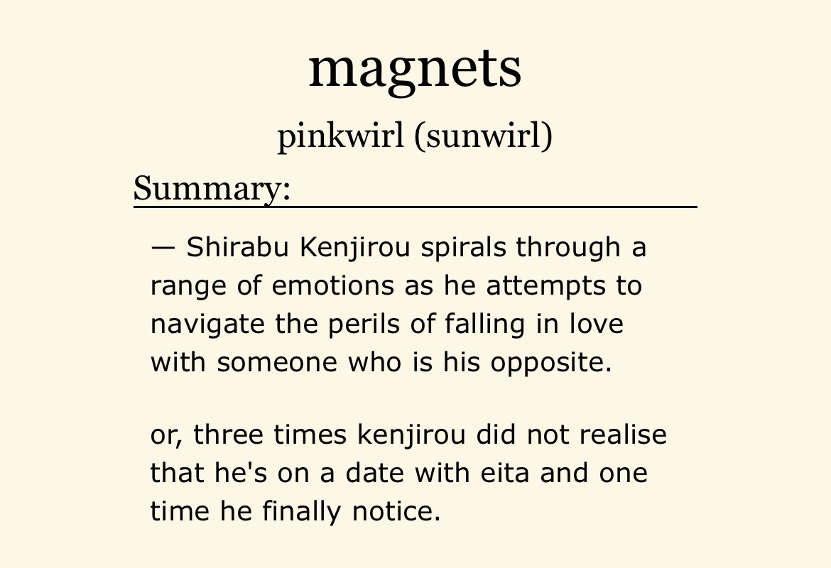 ktzken's tweet photo. magnets, #semishira fic

✧ oneshot, 6.5k words
✧ rated t
✧ getting together, fluff
✧ for @flowerknws via strzw secret santa!

ㅡ three times kenjirou did not realise that he's on a date with eita and one time he finally notice.

🔗 https://t.co/yqlUECORPw https://t.co/Wes4b0FZND