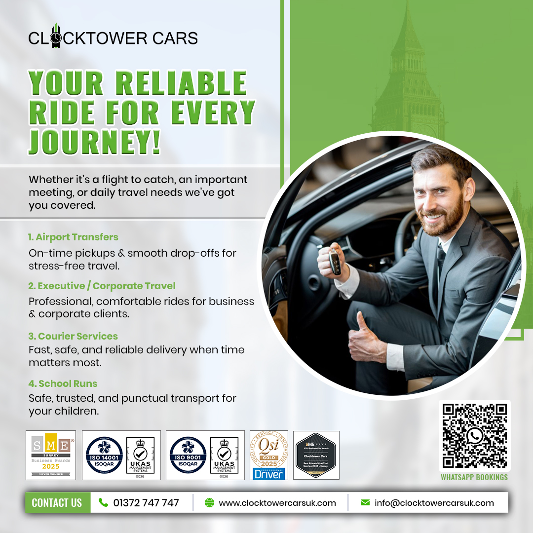 ClocktowerCars2's tweet photo. YYour Reliable Ride for Every Journey!

Whether it’s a flight to catch, an important meeting, or daily travel needs we’ve got you covered.

1. Airport Transfers
2. Executive / Corporate Travel
3. Courier Services
4. School Runs https://t.co/J7pGqehRKT