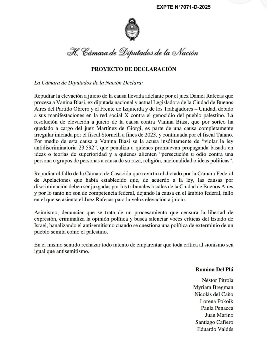 RominaDelPla's tweet image. Hoy presentamos  junto a @nestorpitrola desde el @PartidoObrero y el @FdeIzquierda una declaración en repudio a la elevación a juicio impulsada por el juez Rafecas contra @vaninabiasi por manifestarse en redes sociales repudiando y denunciando el genocidio contra el pueblo…