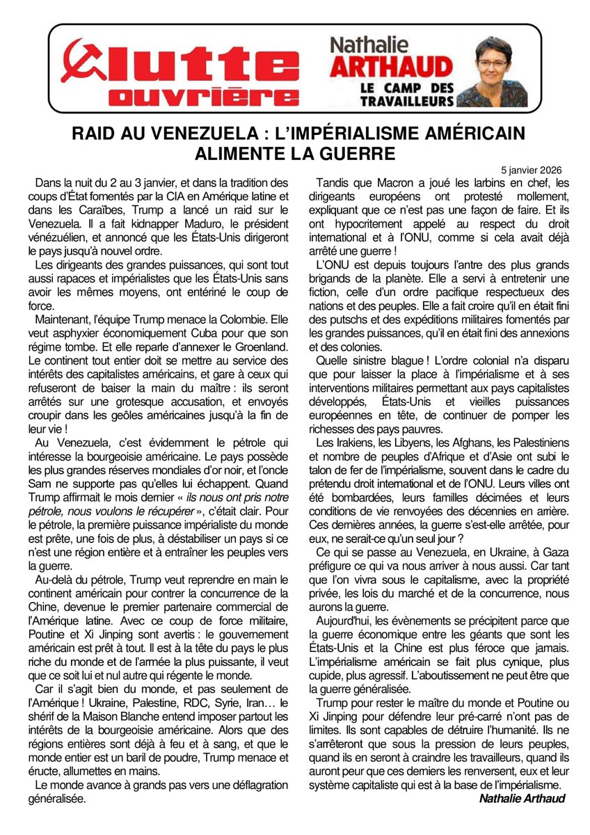 Raid au Venezuela : l'impérialisme américain étend la guerre.
L'édito de cette semaine ⬇️