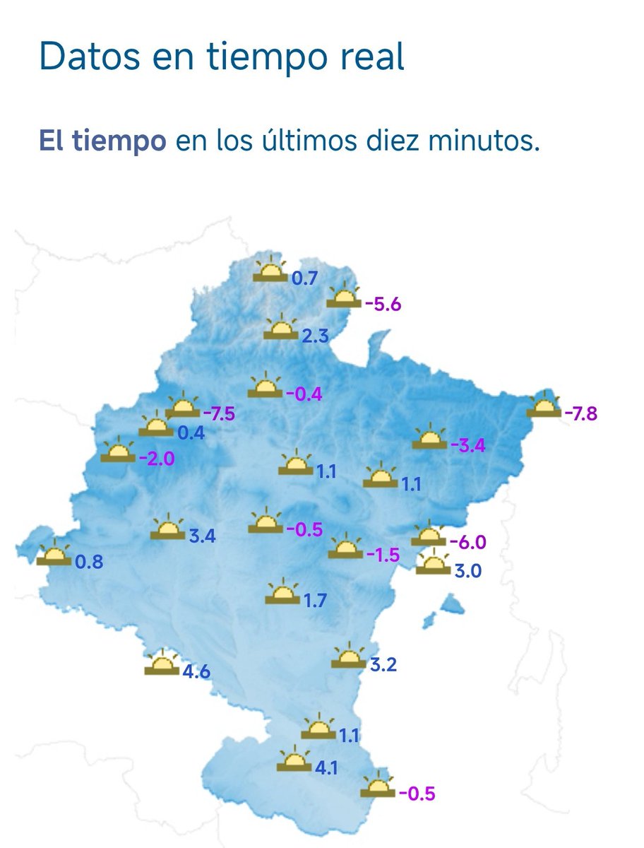 Navarmeteo_1411's tweet photo. 👑👑👑 Tarde de #cabalgatas de #reyes en #Navarra con cielos despejados salvo el extremo norte con alguna nube baja sin importancia. Y muchísimo frío. Temperaturas ya bajo cero en muchas zonas por encima de los 500/600 msnm. Y en el resto entre 1-4°C y bajando.
🥶 Abriguense!! https://t.co/oNUmsPPE86