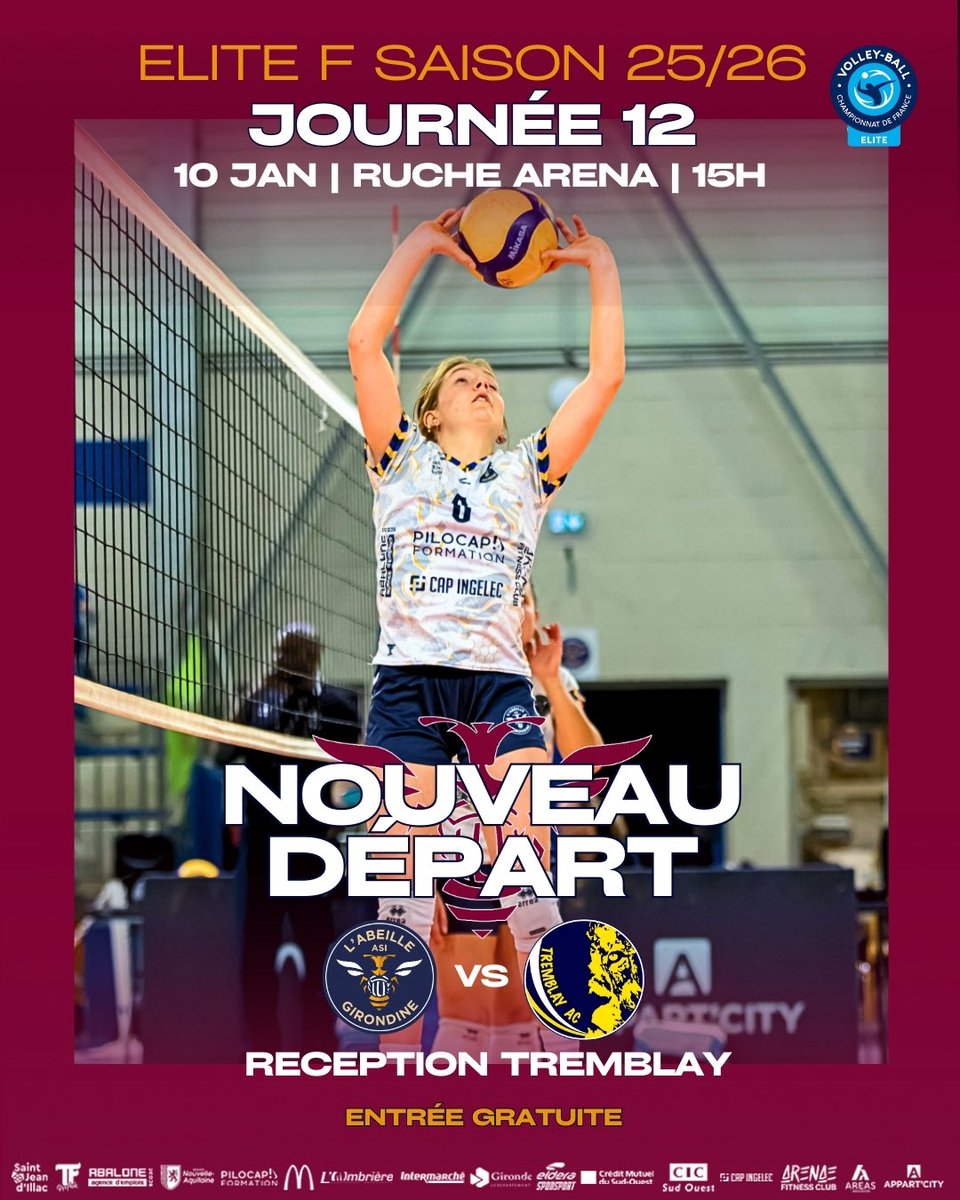 🔥 12e journée – ÉLITE F 🔥
Nouveau départ pour nos féminines en 2026 💪
Objectif : le maintien !

📅 Samedi 10 janvier – 15h
🏟️ Ruche Aréna (Complexe Pierre Favre)
🎟️ Entrée gratuite | 🍹 Buvette

👉 Match d’ouverture + 2 matchs de haut niveau
Venez les soutenir !🏐
#volleyball