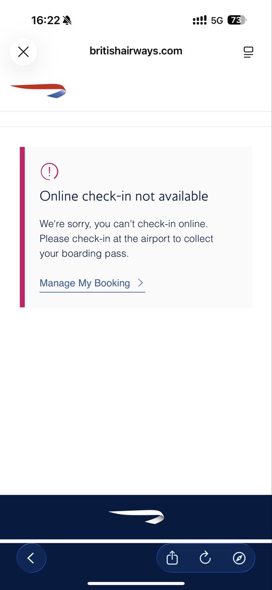 JockJackson69's tweet photo. @British_Airways why am I getting this message when I am trying to check into my flight which departs tomorrow? Have tried the app, phone browser and browser on my laptop.. https://t.co/GxCTAdpPam