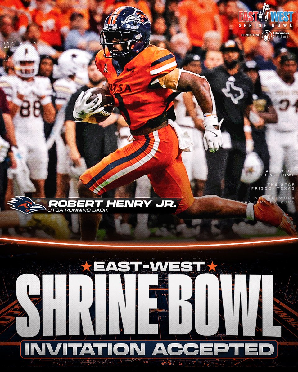 Invitation Accepted

<a href="/UTSAFTBL/">UTSA Football 🏈</a> RB Robert Henry Jr. (<a href="/robertThenry6/">Robert henry</a>) is locked in for the East-West Shrine Bowl! 🤙

#BirdsUp | #ShrineBowlWHOSNEXT 😎