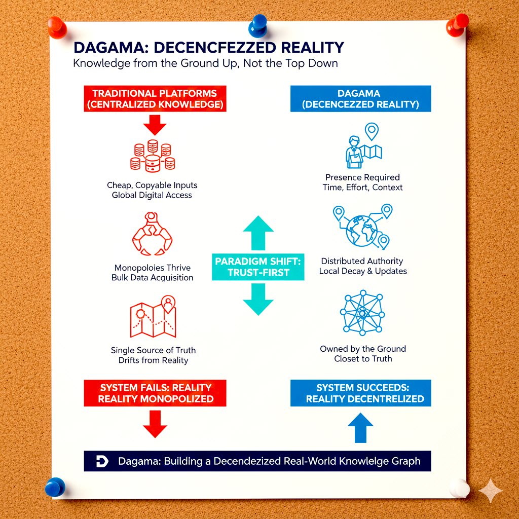 Digital knowledge graphs are easy to centralize because their inputs are cheap, copyable, and globally accessible from a screen. Real-world knowledge graphs behave differently. Their raw inputs require presence: being somewhere, observing change, capturing context, and validating