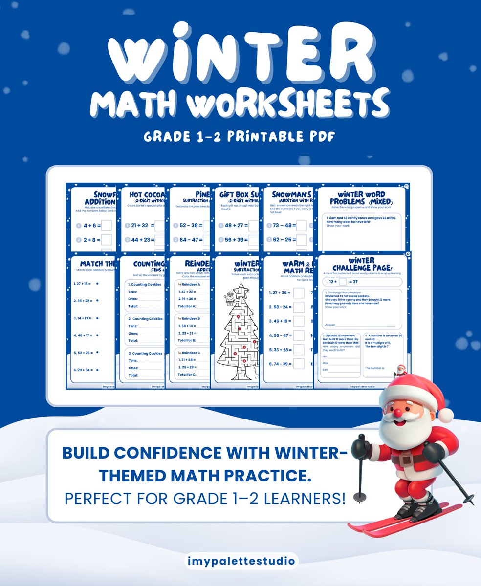 imypalettex's tweet photo. 🧊Printable math pages with cute winter themes perfect for reinforcing essential skills in a simple, enjoyable, and motivating way❄️

GRAB YOUR INSTANT FILE
🔗 https://t.co/g03ZP1yq5Z

 #TPT #imypalettestudio #ParentingMindset #ParentTips #KidsLearningFun #DecemberPrintables https://t.co/iHIgoAvjME