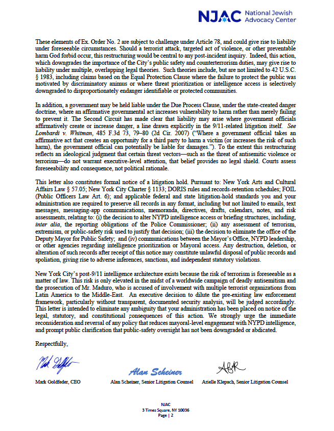 MarkGoldfeder's tweet image. Dear @NYCMayor,
Downgrading direct mayoral oversight of NYPD intelligence while terror threats and antisemitic violence surge isn't reform. It’s reckless. NYC’s post-9/11 safeguards exist because danger is foreseeable. Weakening those safeguards invites it. 
Letter from @NJACLaw