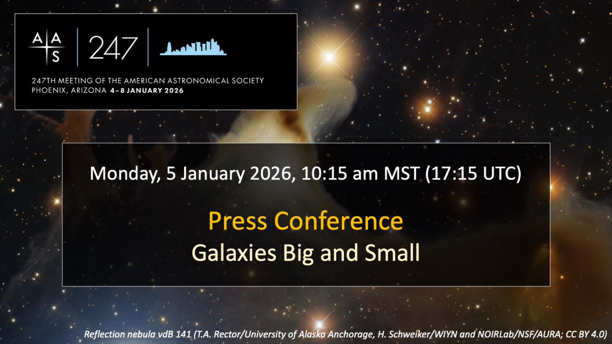 AAS_Press's tweet photo. #AAS247 press conference “Galaxies Big and Small” begins at 10:15 am MST in Room 129A. See the speaker lineup at https://t.co/6eL462ReQu and watch live on YouTube at https://t.co/9OdBGyX36r https://t.co/hPgZIjxV1C