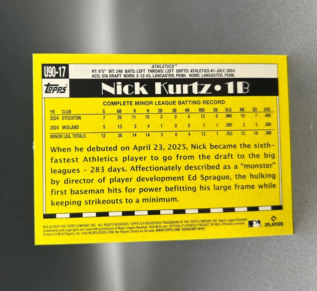 theBaseballCube's tweet image. Card for Sale in the TBC Card Store for you collectors!

NICK KURTZ
2025 Topps Update 1990 Baseball [U90-17]
Rookie Card Insert

$5 or best offer

ebay.com/itm/3894538940…