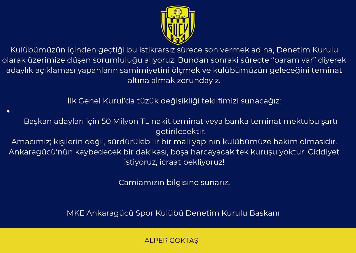 MKE ANKARAGÜCÜ REKLAM MECRASI DEĞİLDİR:
SÖZ BİTTİ, TEMİNAT DÖNEMİ BAŞLAMALI...