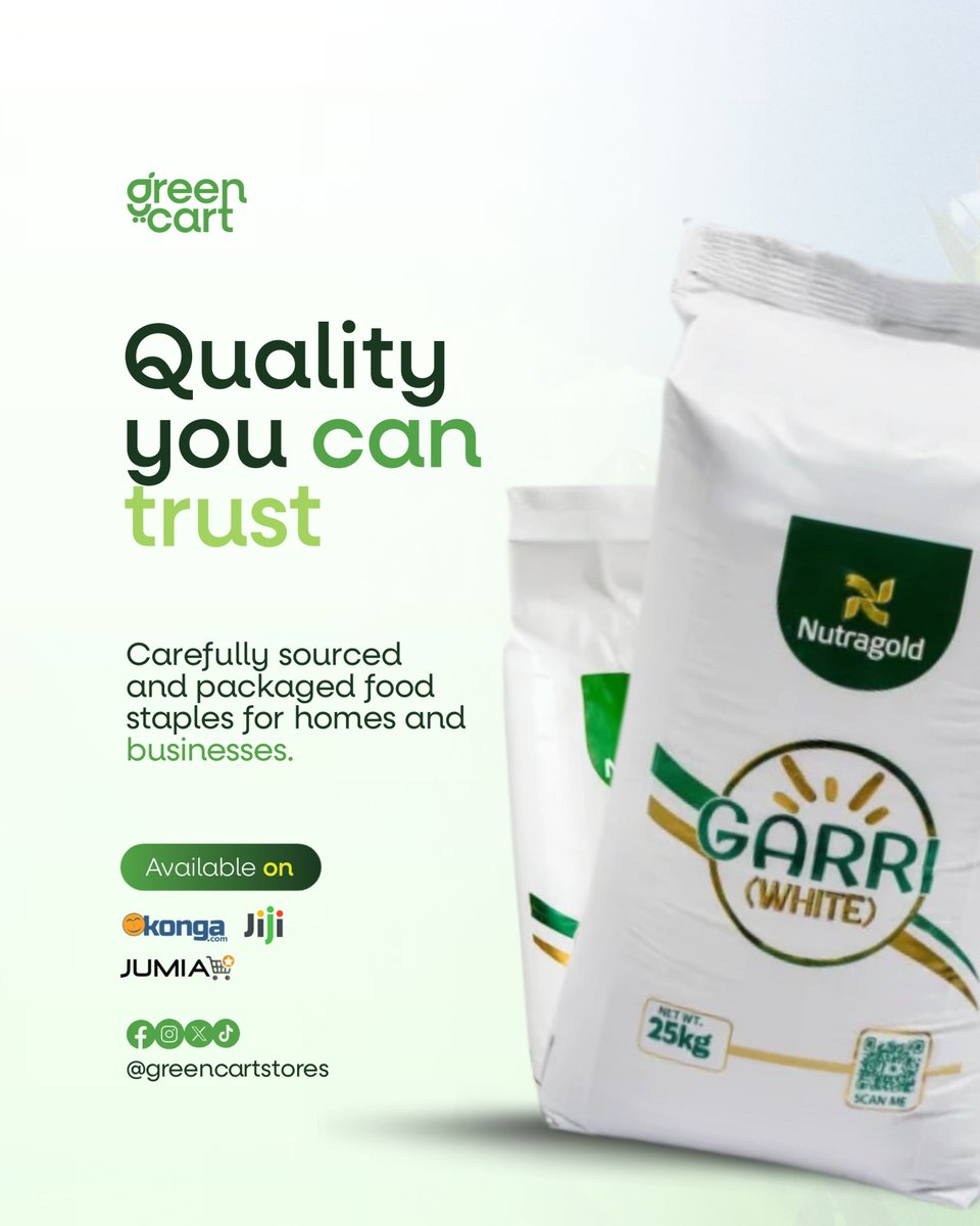 Greencartstores's tweet photo. Quality you can trust. 🌾

🟡 Available Products:
• 5kg White Garri – ₦ 8,000
• 25kg White Garri – ₦ 19,000
• 25kg Honey Beans – ₦ 36,000

🛒 Shop with ease on Jumia, Konga &amp; Jiji
📍 Or visit us at 74 Ire-Akari Estate Road, Isolo, Lagos

Reliable quality. Great value. https://t.co/FZHgM1bxNf